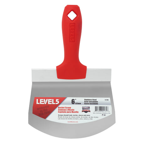6-inch Level 5 Bucket Scoop with curved stainless steel blade and red plastic handle with hang hole