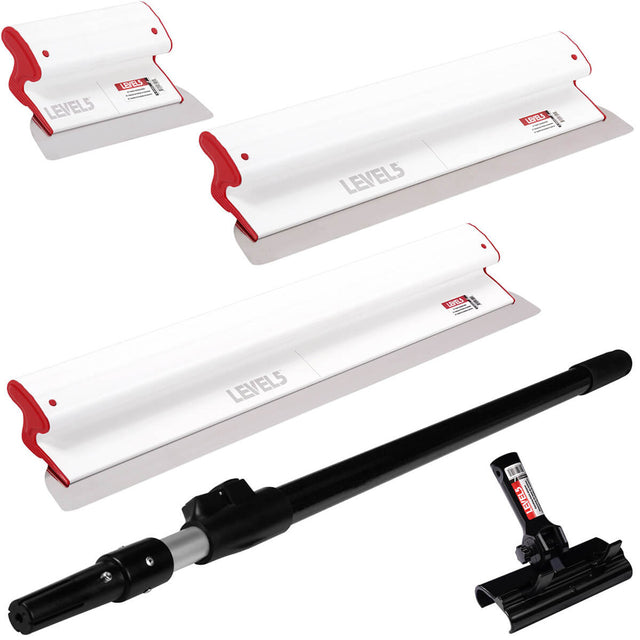 Level 5 Composite Skimming Blade Set including 10-inch, 16-inch, and 24-inch blades, featuring red composite end caps and a white plastic body