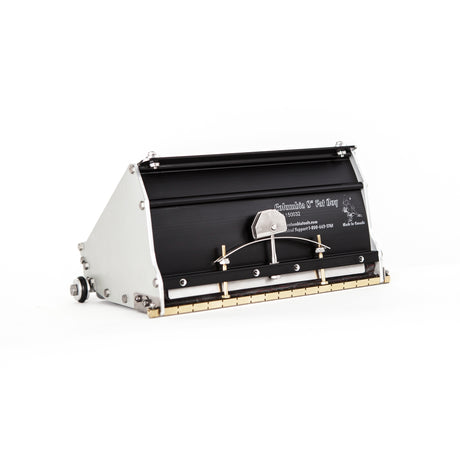 8-inch Columbia Fat Boy Finishing Box made from billet aluminum with a black painted finish, steel components, a brass blade holder, and wheels
