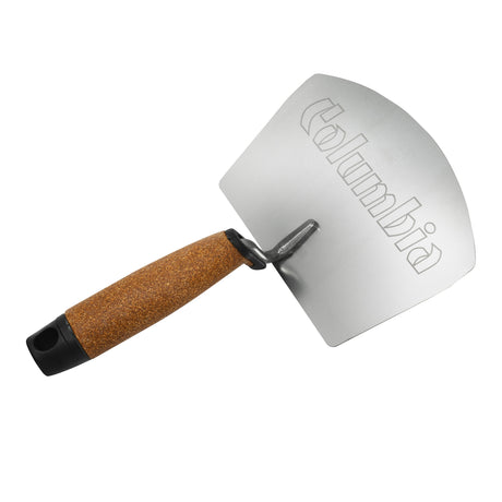 Columbia Bucket Scoop made with a curved stainless steel blade, cork handle, and black hang hole