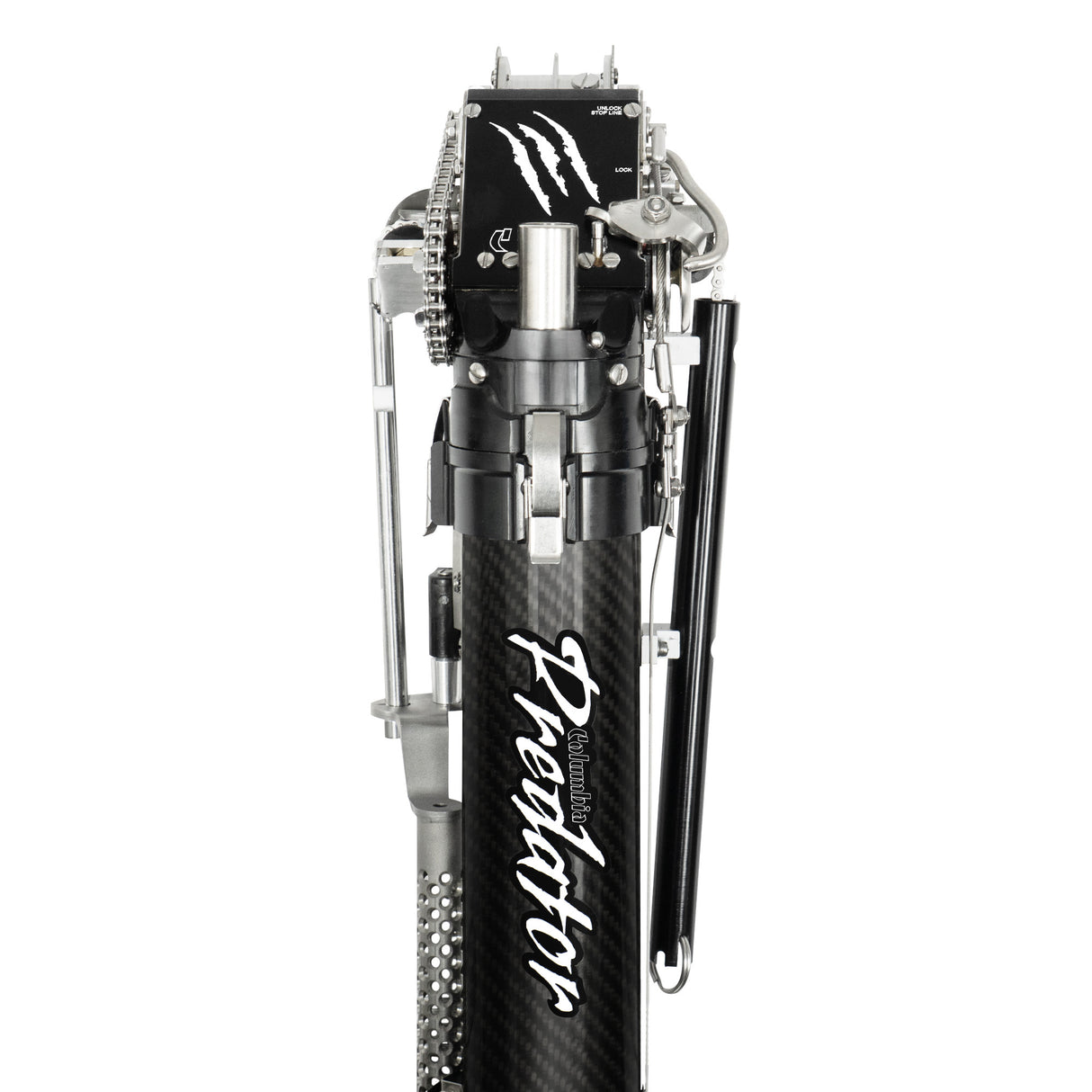 Close-up of Columbia One Predator Automatic Taper head with white Predator logo, top view