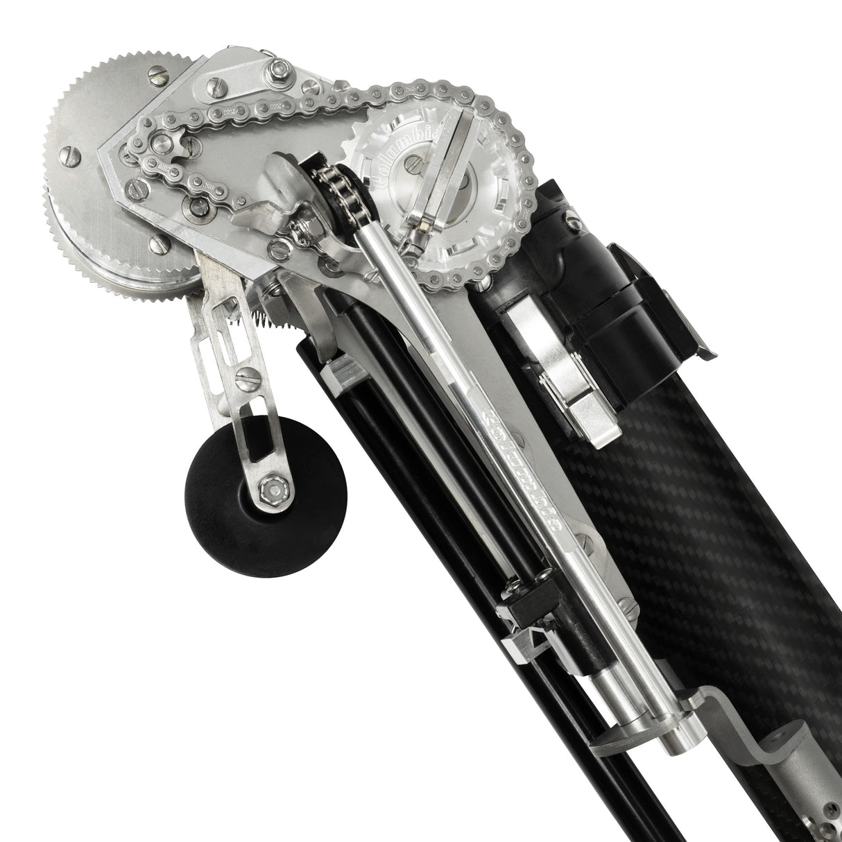 Close-up of Columbia One Predator Automatic Taper head with cutting blade and extended black creaser wheel, side view