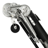 Close-up of Columbia One Predator Automatic Taper head with cutting blade and extended black creaser wheel, side view