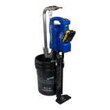 Columbia Cordless Loading Pump with a black foot bracket and stabilizer arm, aluminum body, and a blue power head attached, inside a black Columbia bucket
