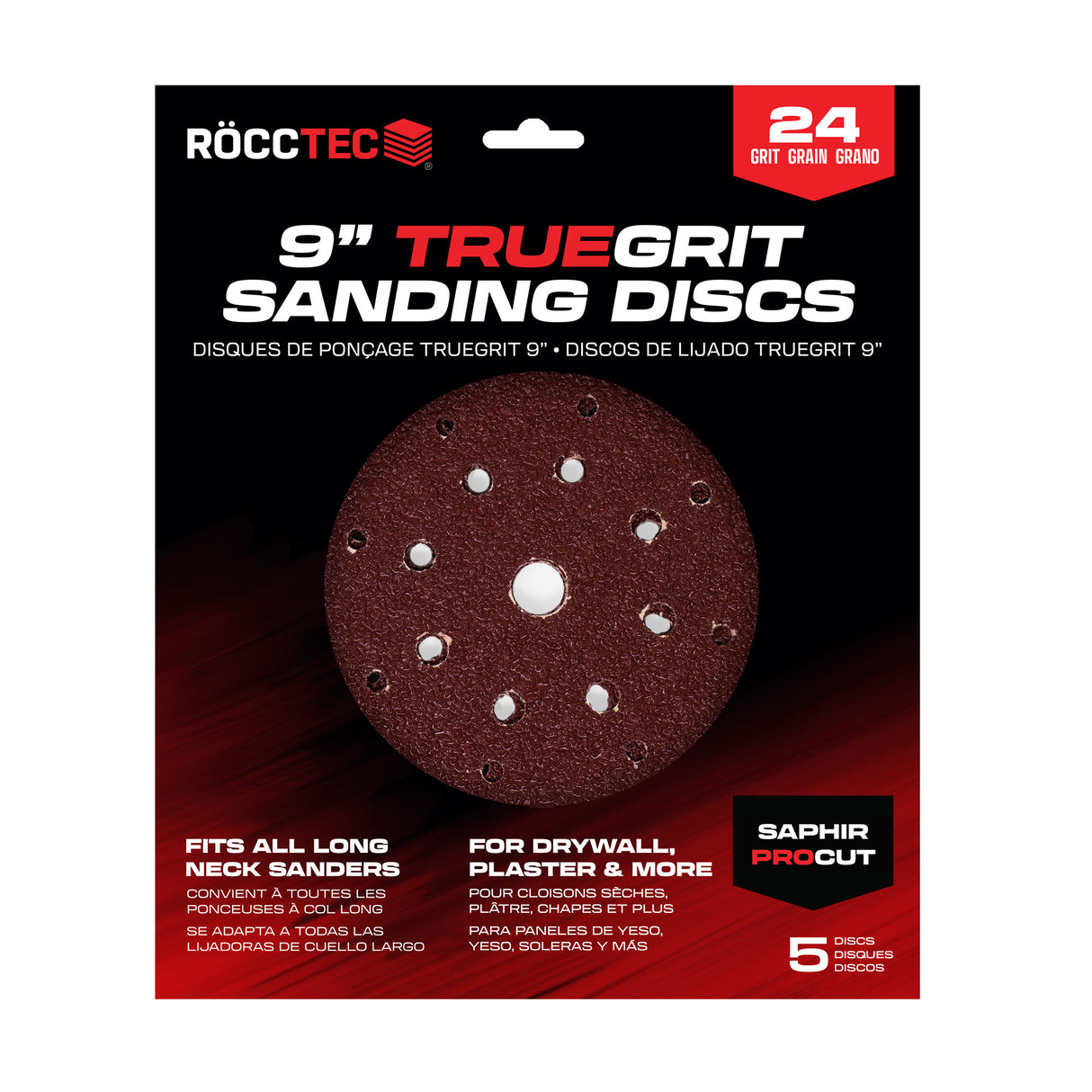 Discos de lijado RoccTec redondos de 9" para paneles de yeso, color rojo zafiro, para Festool (paquete de 5)