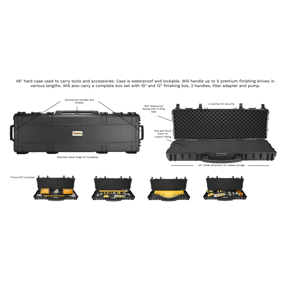 Diagram of the 46-inch TapeTech Hard Utility Case shown closed and open containing various taping tool configurations
