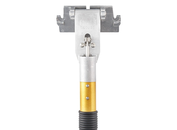 Close-up of TapeTech 88TTE Box XTender Handle head with gold body, black rubber grip and steel components