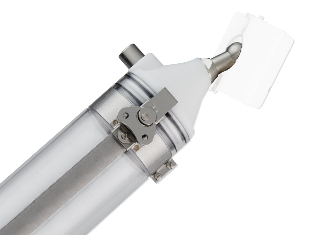 Close-up of TapeTech 14TT MudRunner head with clear tube and white applicator head attached