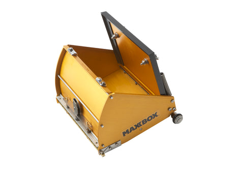 Open 7-inch TapeTech MAXXBOX Extra High Capacity Flat Box with gold aluminum body, brass blade holder, and crown control