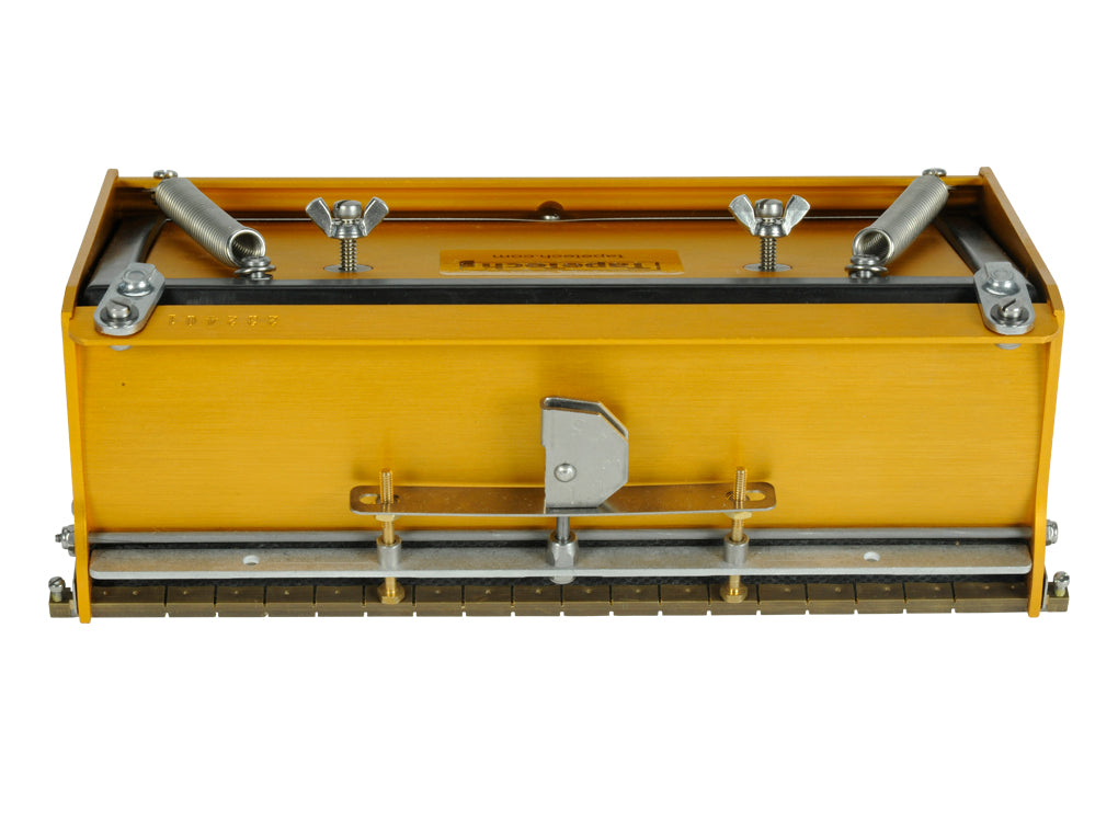 10-inch TapeTech EasyClean Finishing Box with gold aluminum body, brass blade holder, and crown control, front view