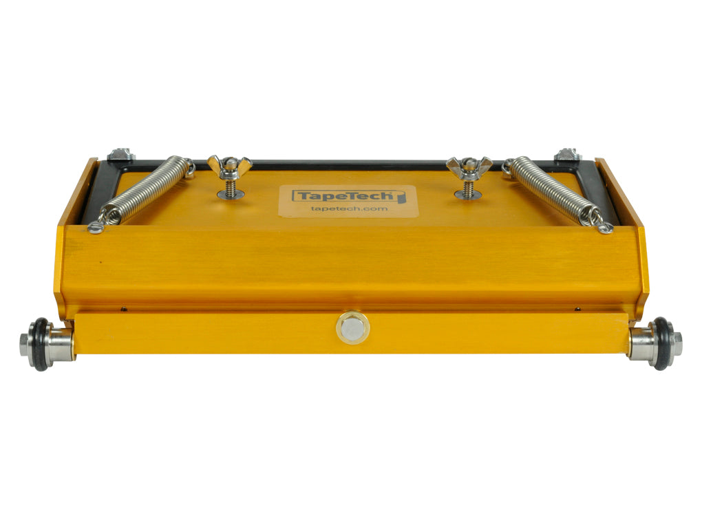 10-inch TapeTech EasyClean Finishing Box with gold aluminum body, brass blade holder, and crown control, back view