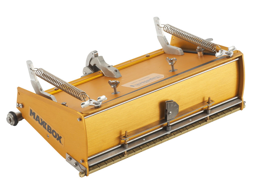 12-inch TapeTech Power Assist MAXXBOX Flat Box with gold aluminum body, brass blade holder, and crown control