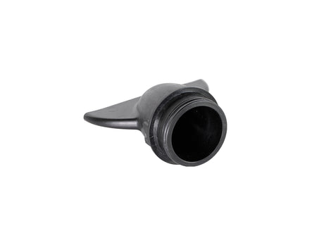 Black TapeTech CTA01TT Compound Tube Filler Adapter with a flat opening and threaded end for a compound tube, bottom view