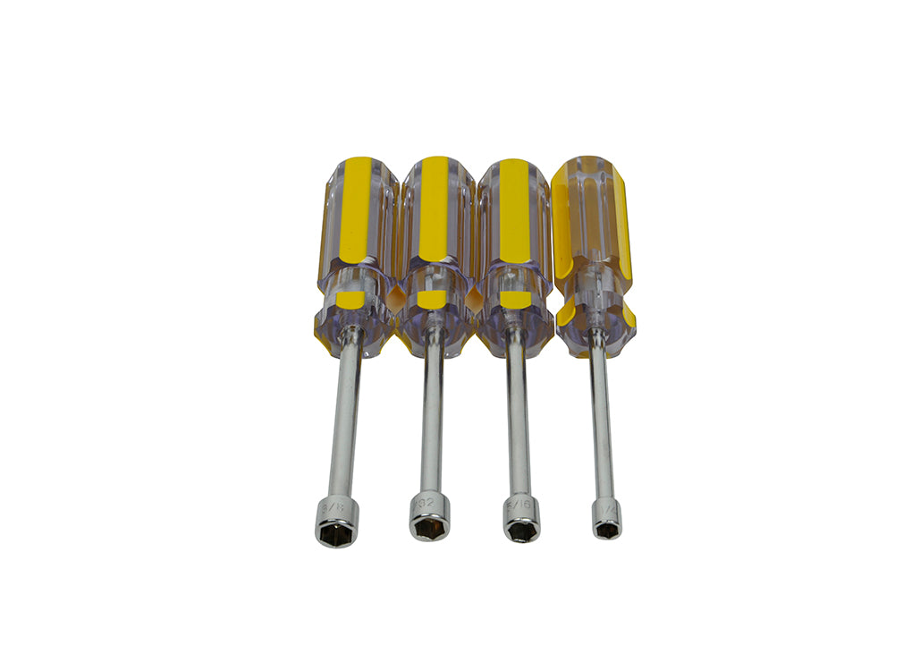 4 TapeTech nut drivers with hallow shaft and clear handle with yellow details