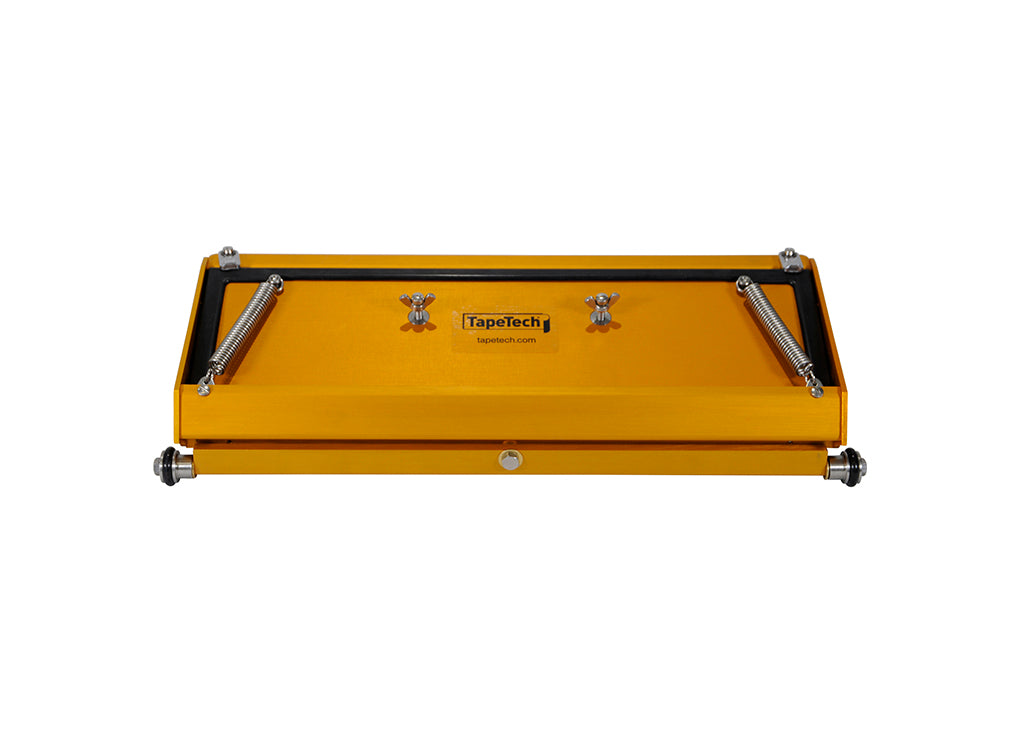 15-inch TapeTech EasyClean Finishing Box with gold aluminum body, brass blade holder, and crown control, back view
