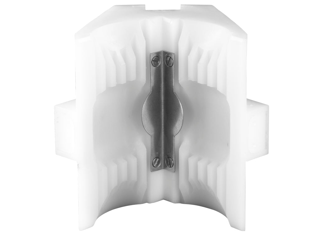 TapeTech Applicator Mud Head 90-degree outside corner with white body and steel components, front view