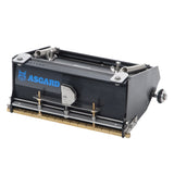 7-inch Asgard Finishing Box made with black anodized aluminum, brass blade holder, steel blade, adjustable crown, and wheels, left quarter view