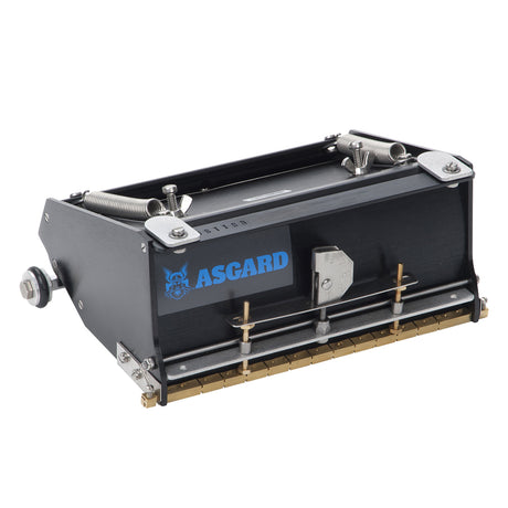 7-inch Asgard Finishing Box made with black anodized aluminum, brass blade holder, steel blade, adjustable crown, and wheels, right quarter view
