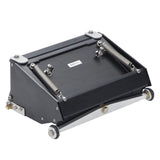 7-inch Asgard Finishing Box made with black anodized aluminum, brass blade holder, steel blade, adjustable crown, and wheels, left back top view