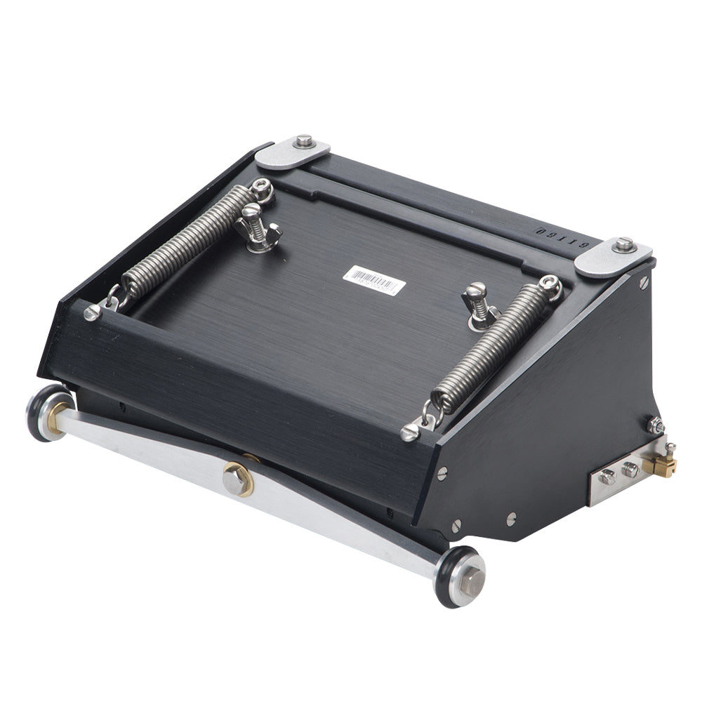 7-inch Asgard Finishing Box made with black anodized aluminum, brass blade holder, steel blade, adjustable crown, and wheels, right back top view