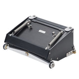 7-inch Asgard Finishing Box made with black anodized aluminum, brass blade holder, steel blade, adjustable crown, and wheels, right back top view