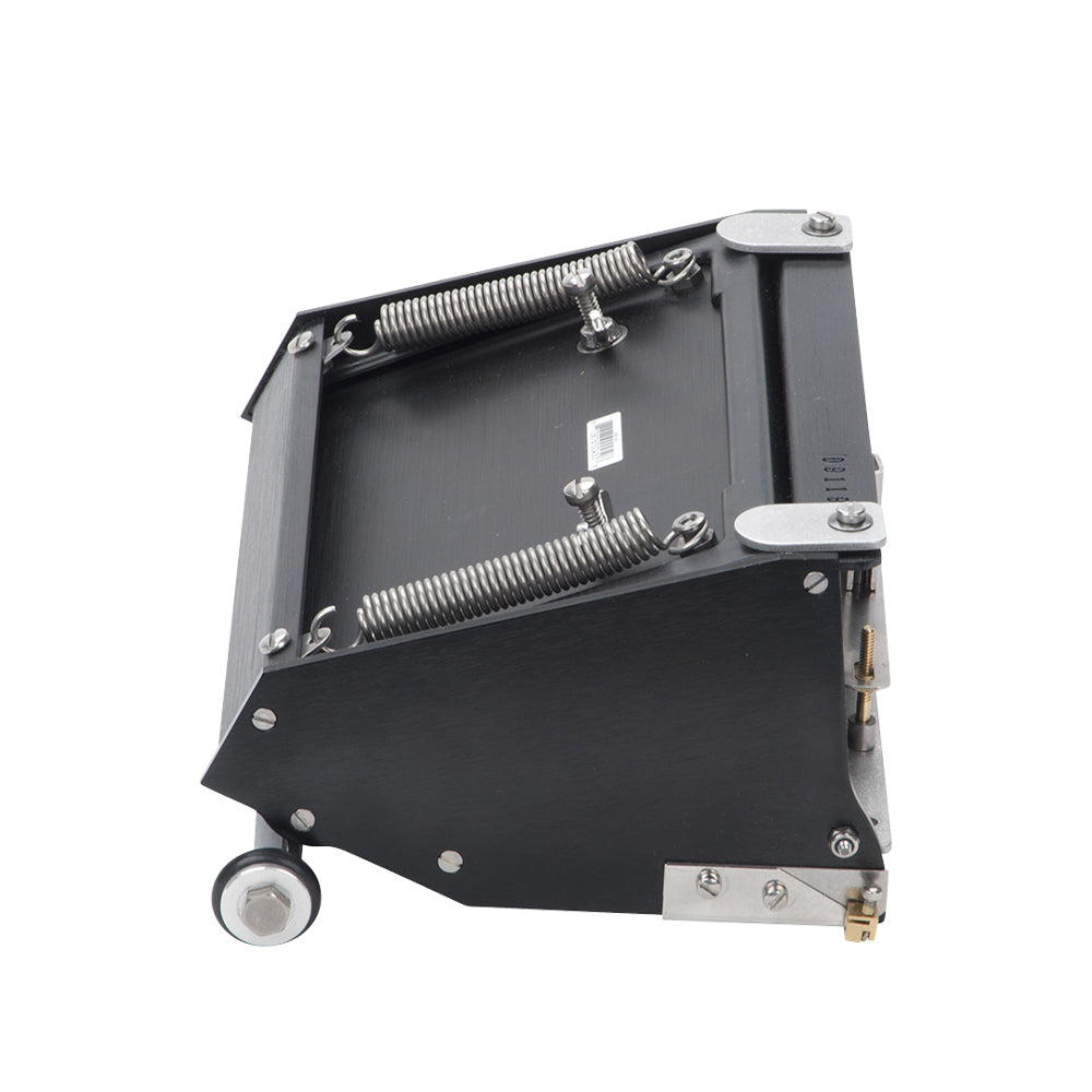7-inch Asgard Finishing Box made with black anodized aluminum, brass blade holder, steel blade, adjustable crown, and wheels, side top view
