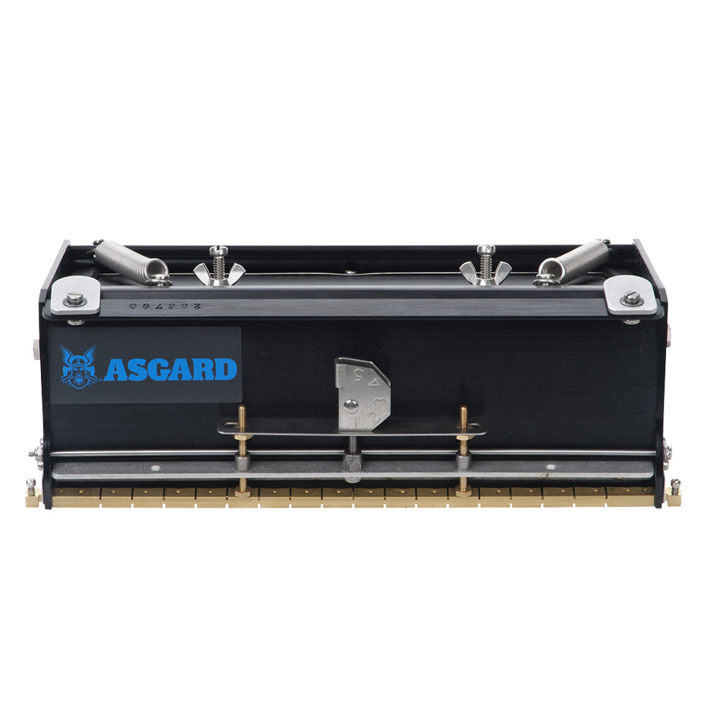 10-inch Asgard Finishing Box made of black anodized aluminum, adjustable crown, brass blade holder, steel blade, and wheels