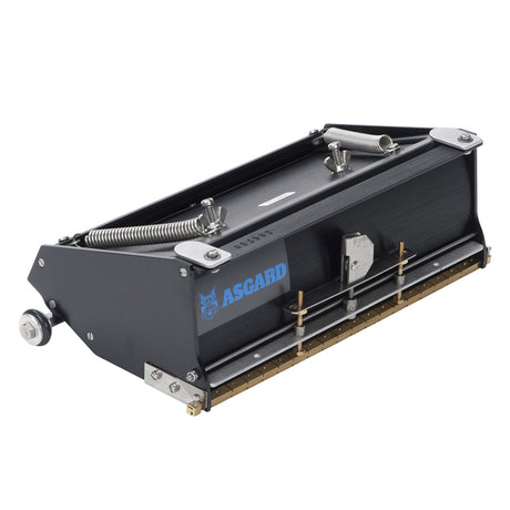 10-inch Asgard Finishing Box made with black anodized aluminum, brass blade holder, steel blade, adjustable crown, and wheels, right quarter view