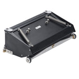 10-inch Asgard Finishing Box made with black anodized aluminum, brass blade holder, steel blade, adjustable crown, and wheels, left back top view