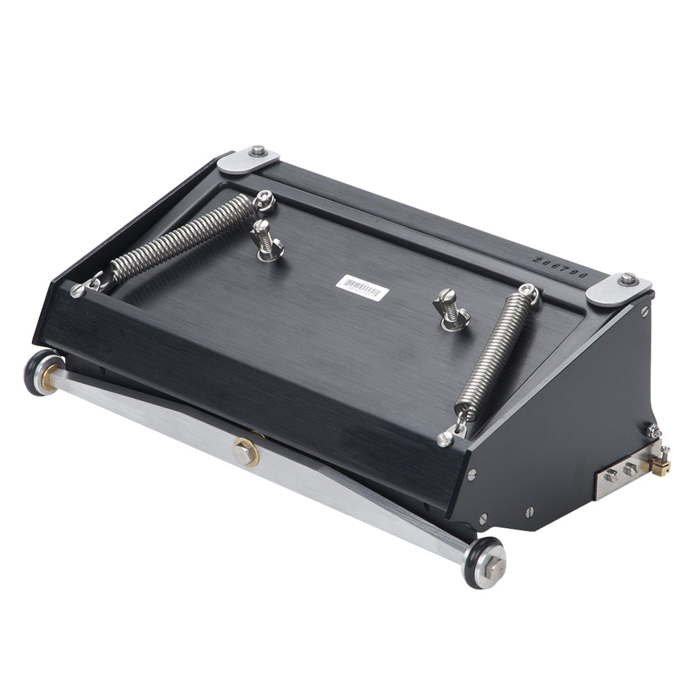 10-inch Asgard Finishing Box made with black anodized aluminum, brass blade holder, steel blade, adjustable crown, and wheels, right back top view