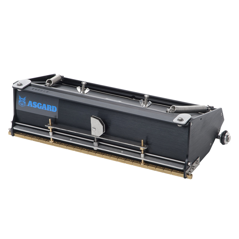 12-inch Asgard Finishing Box made with black anodized aluminum, brass blade holder, steel blade, adjustable crown, and wheels, right quarter view