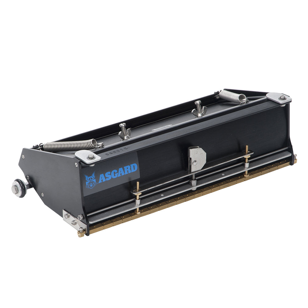 12-inch Asgard Finishing Box made with black anodized aluminum, brass blade holder, steel blade, adjustable crown, and wheels, left quarter view