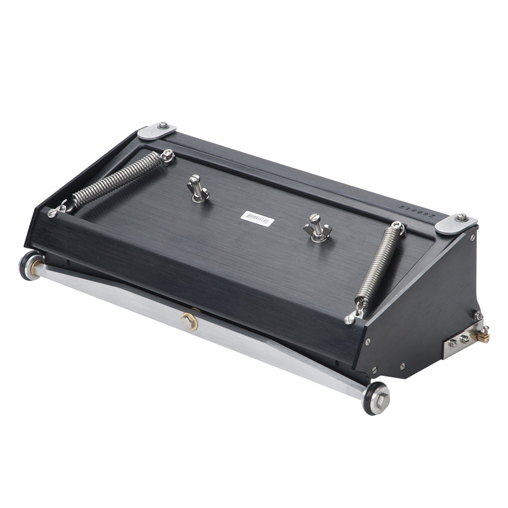 12-inch Asgard Finishing Box made with black anodized aluminum, brass blade holder, steel blade, adjustable crown, and wheels, back right quarter view