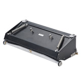 12-inch Asgard Finishing Box made with black anodized aluminum, brass blade holder, steel blade, adjustable crown, and wheels, back right quarter view