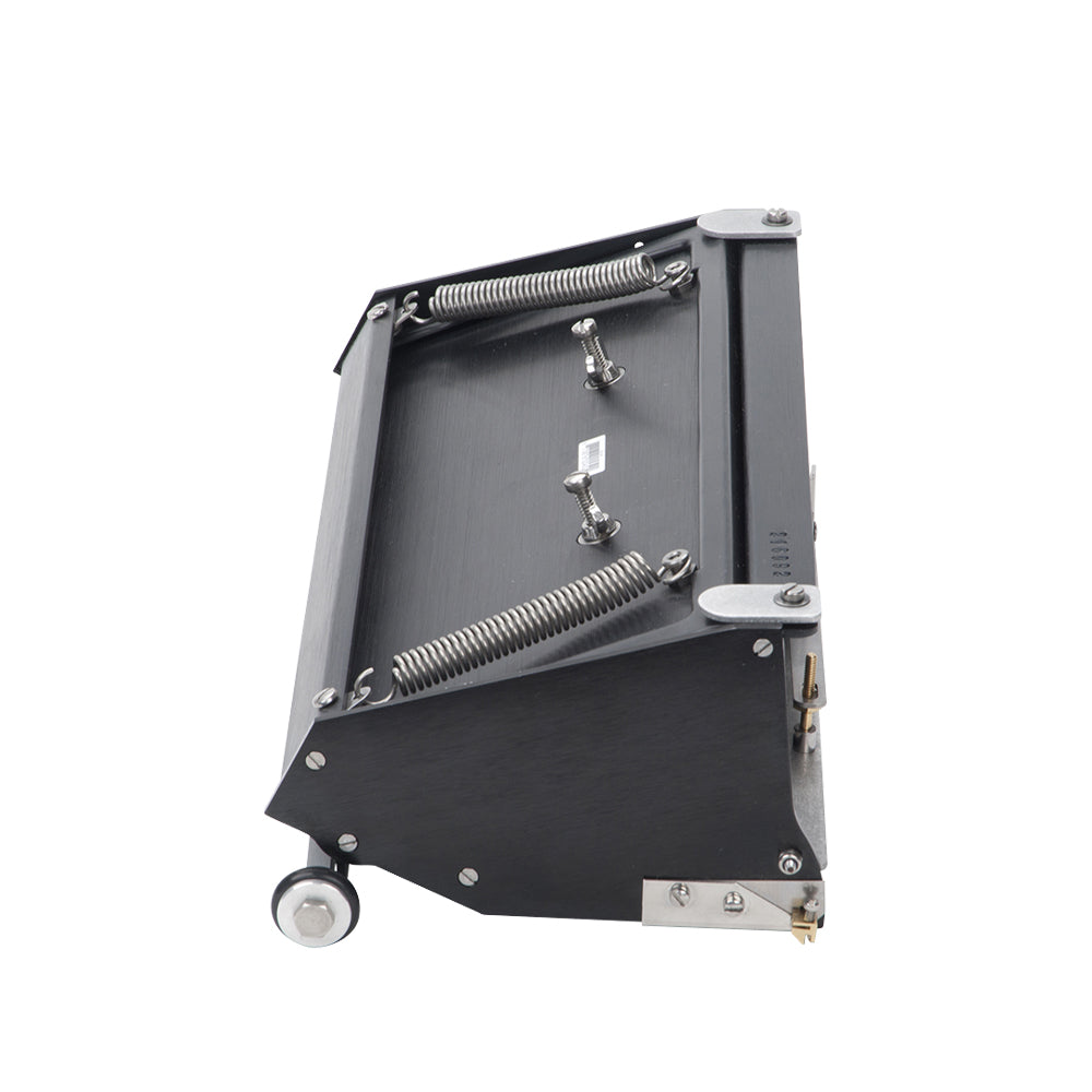 12-inch Asgard Finishing Box made with black anodized aluminum, brass blade holder, steel blade, adjustable crown, and wheels, side view