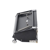 12-inch Asgard Finishing Box made with black anodized aluminum, brass blade holder, steel blade, adjustable crown, and wheels, side view