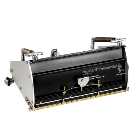 10-inch Columbia Automatic Fat Boy Finishing Box made from billet aluminum with a black painted finish, steel components, a brass blade holder, and wheels