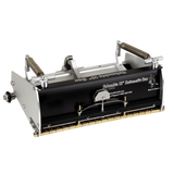10-inch Columbia Automatic Flat Finishing Box made from billet aluminum with a black painted finish, steel components, a brass blade holder, and wheels
