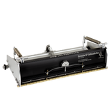 14-inch Columbia Automatic Flat Finishing Box made from billet aluminum with a black painted finish, steel components, a brass blade holder, and wheels