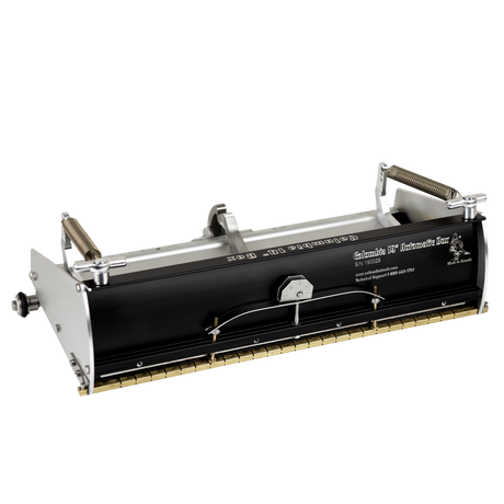 14-inch Columbia Automatic Flat Finishing Box made from billet aluminum with a black painted finish, steel components, a brass blade holder, and wheels