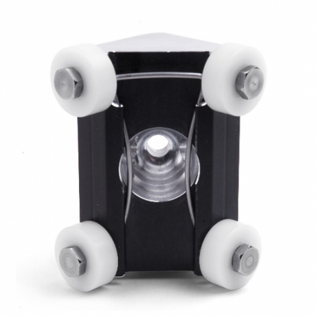 Columbia Two Way Internal Corner Applicator made from solid aluminum billet with black finishing details and 4 white Delrin wheels, back view