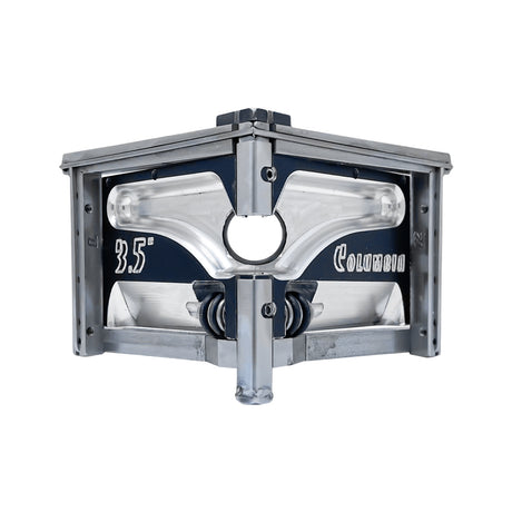 3.5-inch Columbia Angle Head in anodized gunmetal grey, made from solid billet aluminum with stainless steel wings and a black painted body, front view