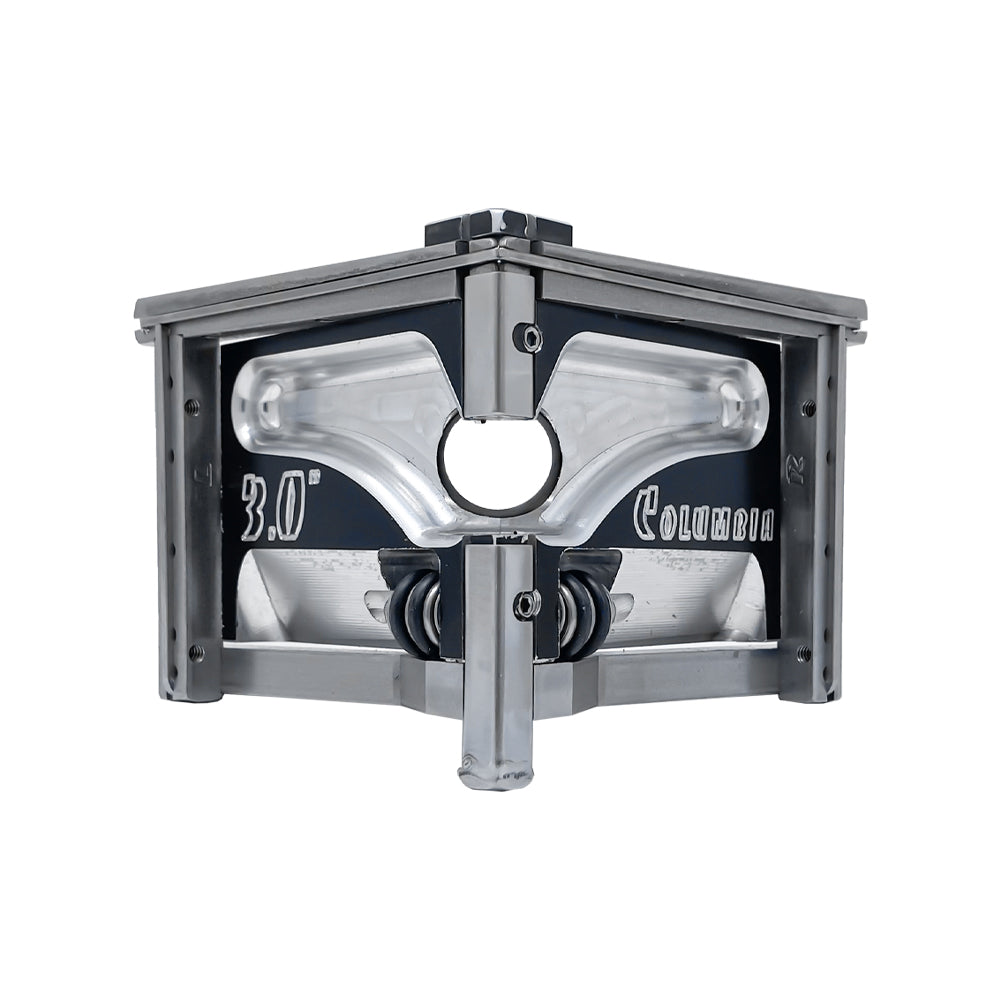 3-inch Columbia Angle Head in anodized gunmetal grey, made from solid billet aluminum with stainless steel wings and a black painted body, front view