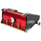 7-inch Level 5 Flat Box with red aluminum housing, black side panels, brass blade holder, and white rubber wheels, right side
