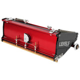 10-inch Level 5 Flat Box with red aluminum housing, black side panels, brass blade holder, and white rubber wheels, right side