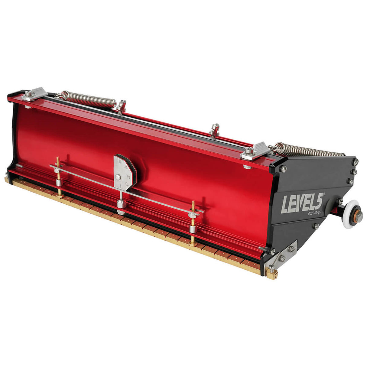 12-inch Level 5 Flat Box with red aluminum housing, black side panels, brass blade holder, and white rubber wheels, right side