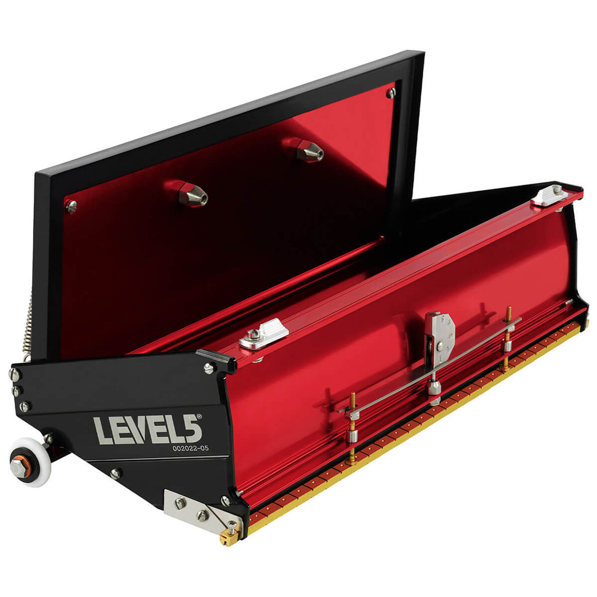 Open 14-inch Level 5 Flat Box with red aluminum housing, black side panels, brass blade holder, and white rubber wheels
