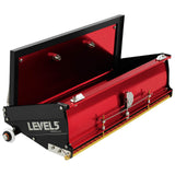 Open 14-inch Level 5 Flat Box with red aluminum housing, black side panels, brass blade holder, and white rubber wheels