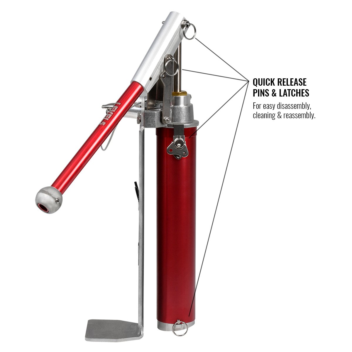 Level 5 Compound Pump with a red tube and red handle, including a filler, and black wrench