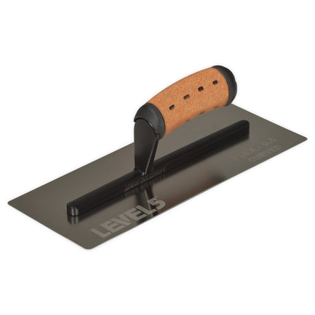 12-inch Level 5 Pro Flex Curved Finishing Trowel with stainless steel blade, black powder coated handle mount, and non-slip leather composite grips